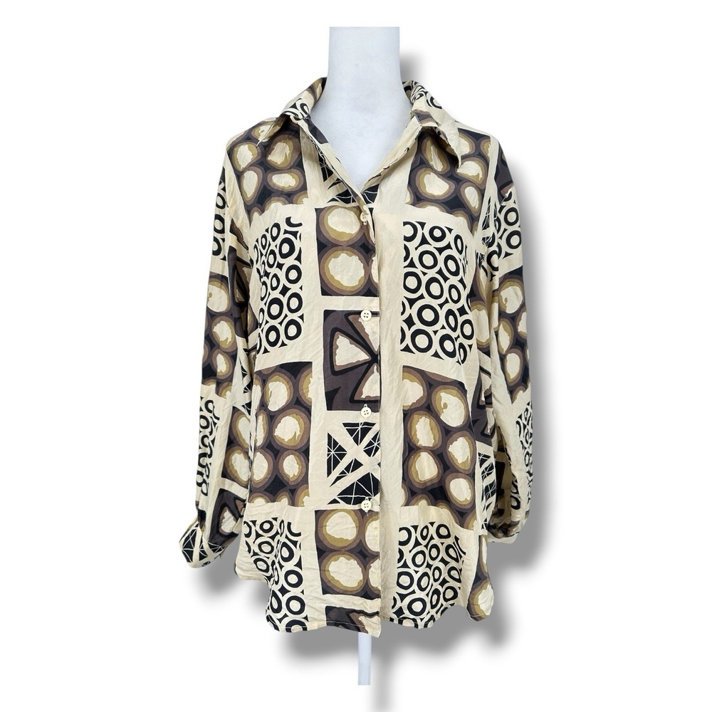 Notations Petite 100% Silk Button Front Blouse P Geometric Abstract Retro Artsy